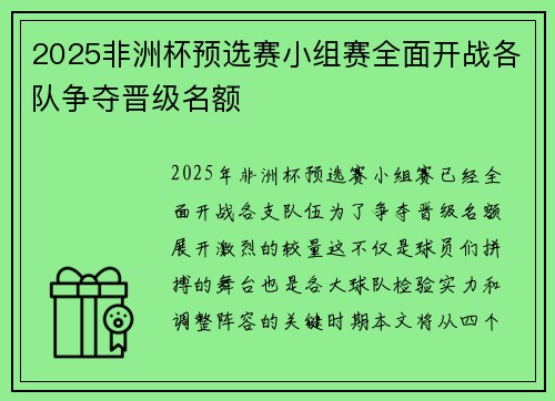 2025非洲杯预选赛小组赛全面开战各队争夺晋级名额